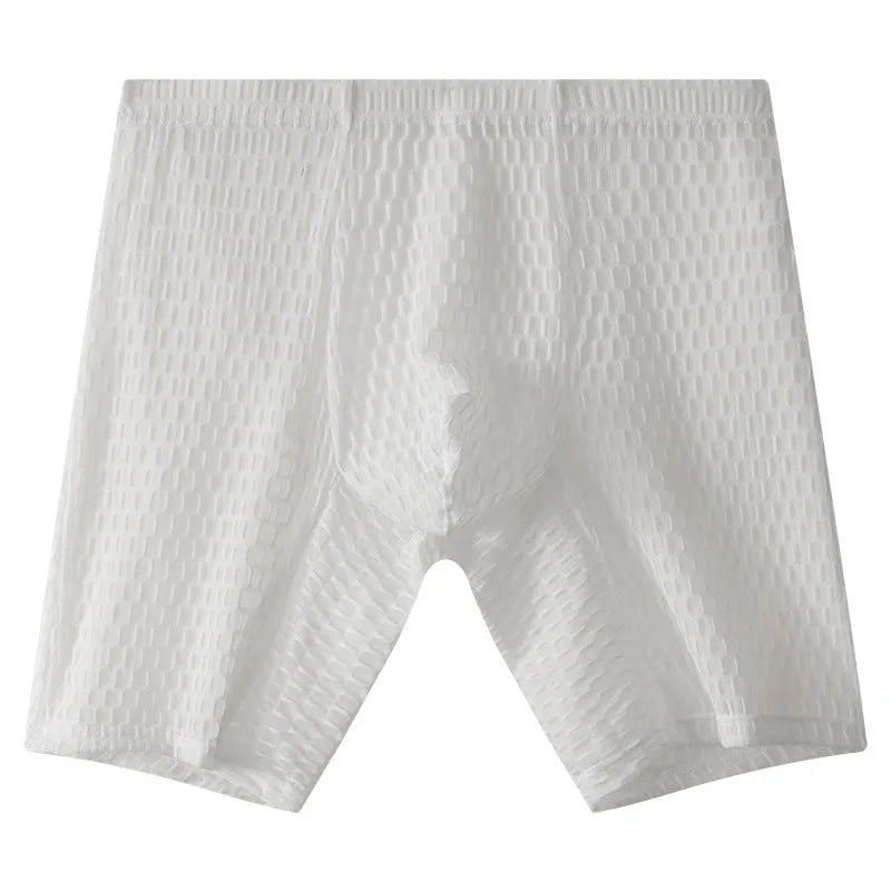 Men's lengthened lace boxer shorts in light purple on a white background.