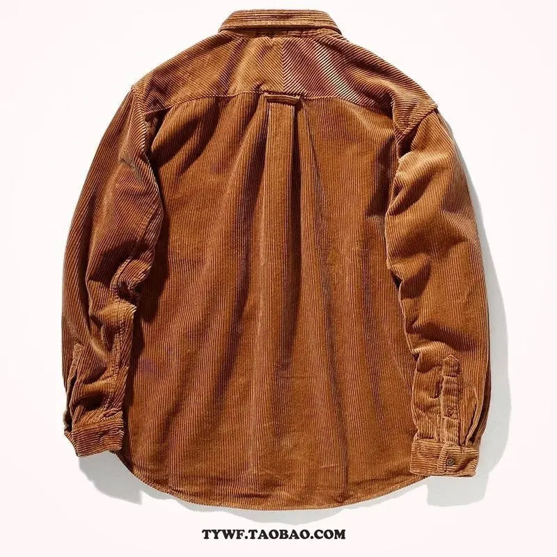 Caramel and grey corduroy loose fit shirt with long sleeves and cardigan style