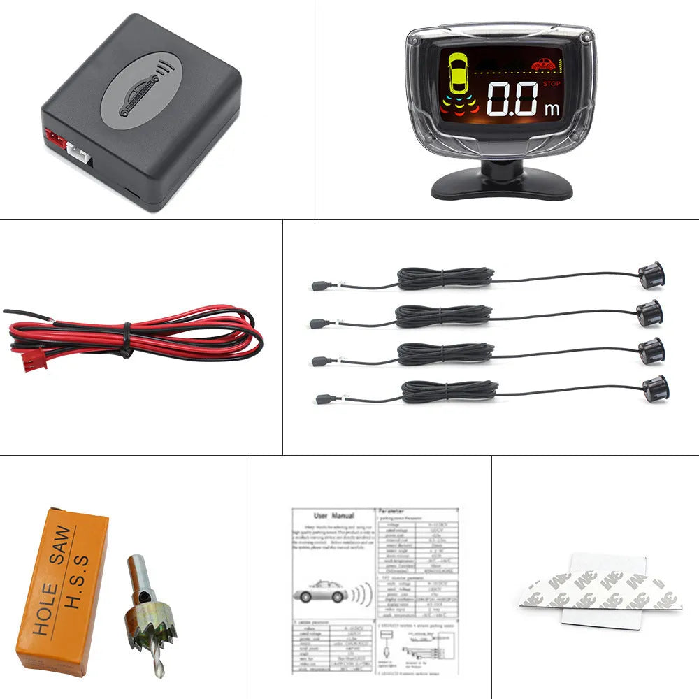 Intelligent wireless reversing sensor system with digital display, LED light bar, and four vehicle probes.