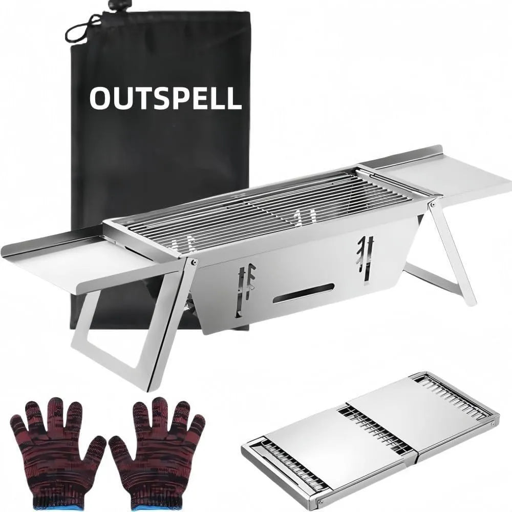 Small foldable portable charcoal grill shown in an outdoor setting