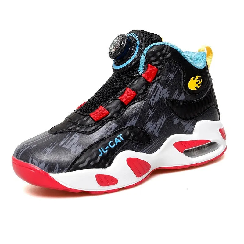 Kids rotating button basketball shoes in black, available in sizes 28 to 40.