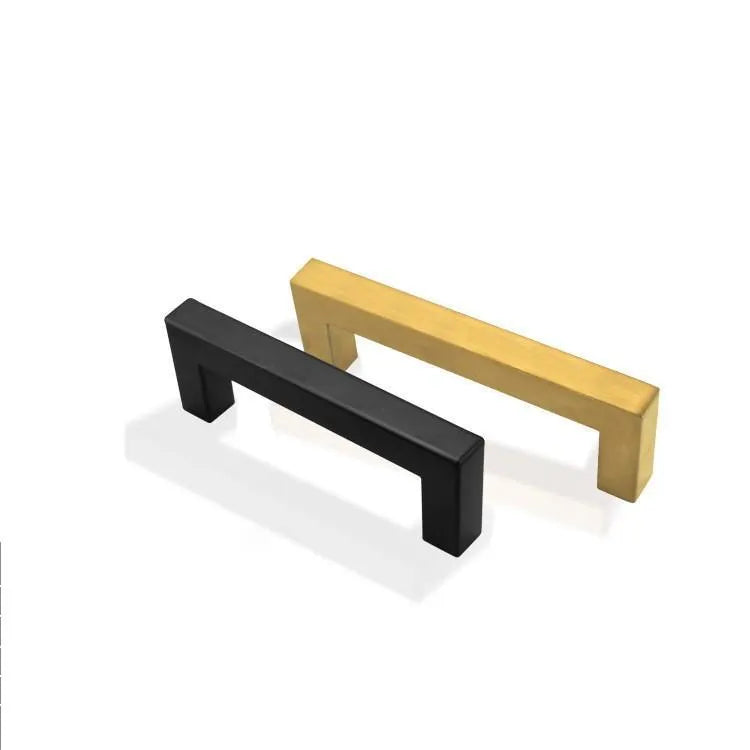 Stainless steel square pipe cabinet door handle in a brushed finish.