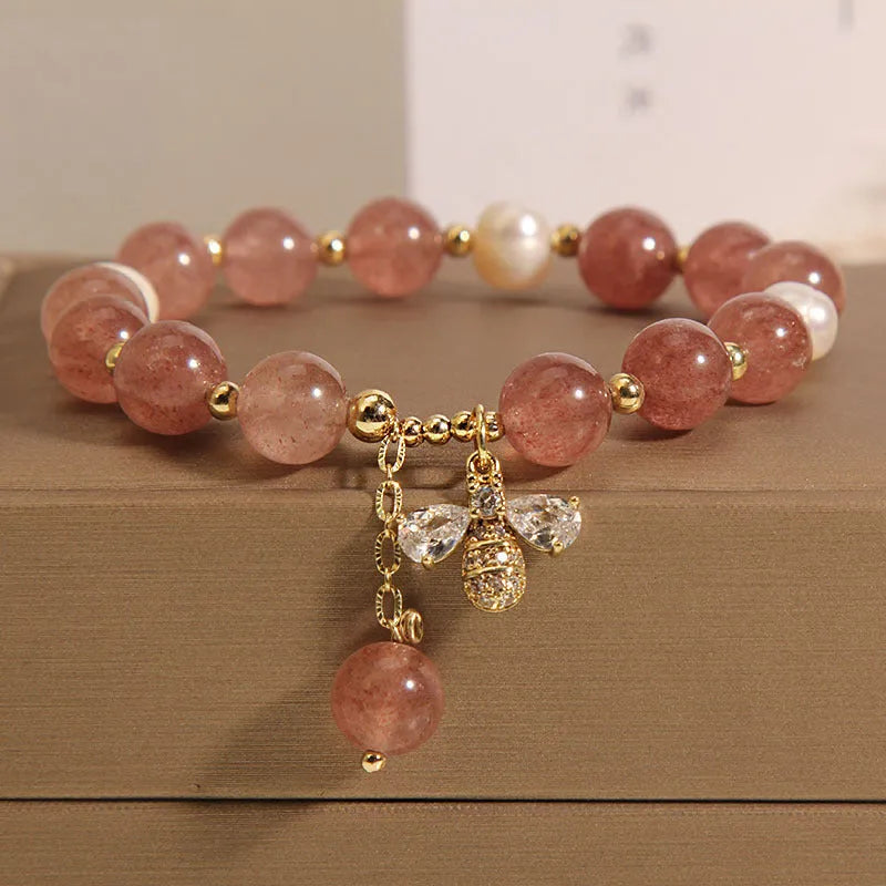 Women's pink strawberry quartz and white freshwater pearl bracelet with zircon accents on alloy chain
