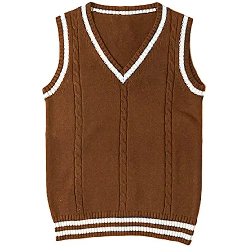 Women's slim fit V-neck waistcoat knitted sweater with striped stitching in acrylic fabric