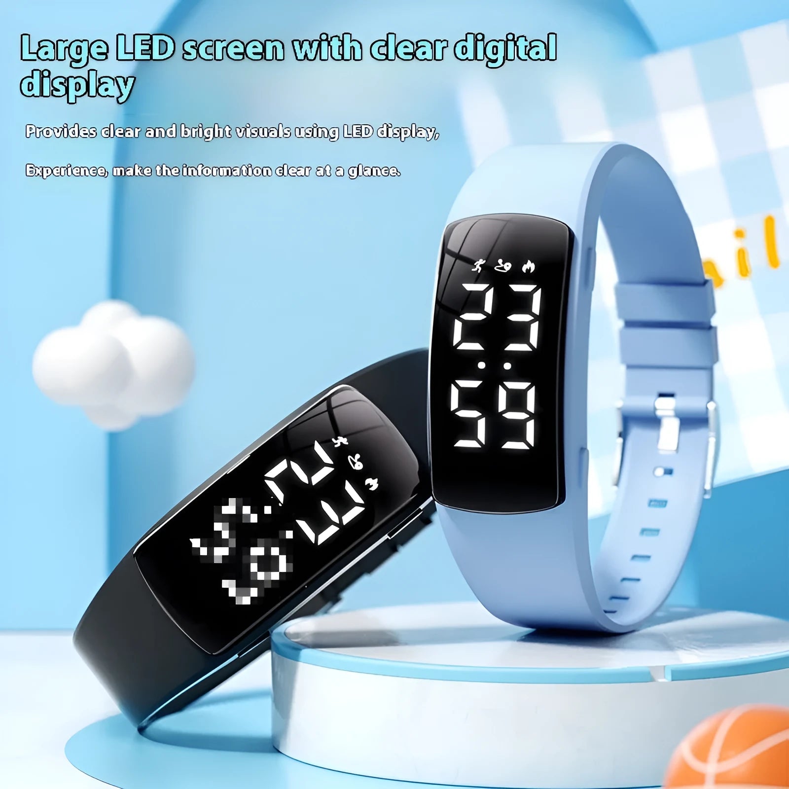 Black vibration alarm smart watch with LED display and silicone strap on a wrist.