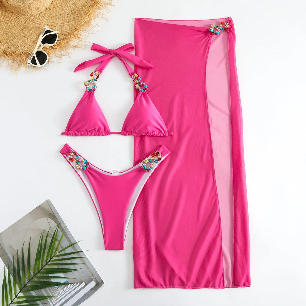 Rose Red three piece bikini set with light diamond mesh long skirt and solid color top and pants for women swimming