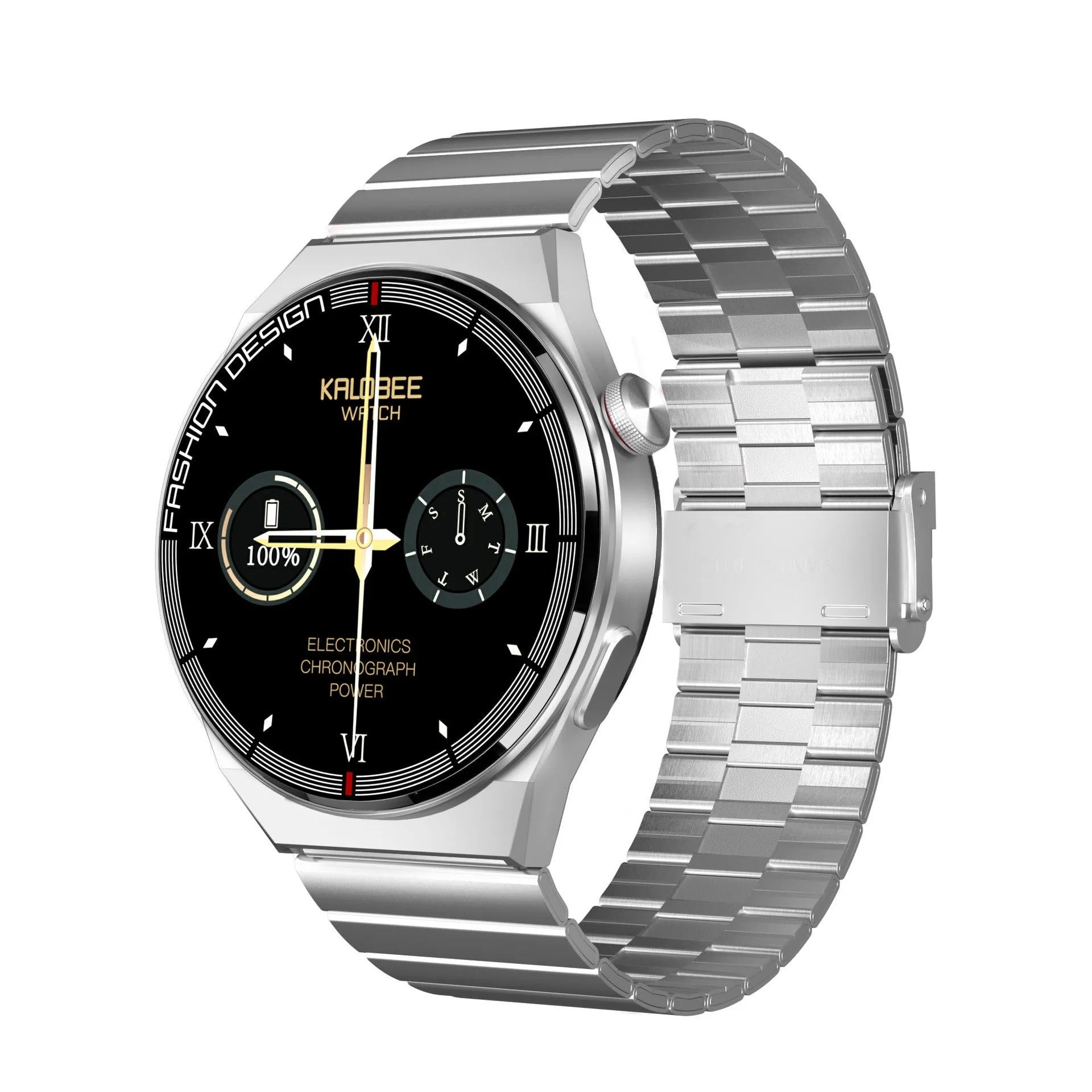 Black smartwatch with 1.28 inch screen showing heart rate and step count data on a silicone strap