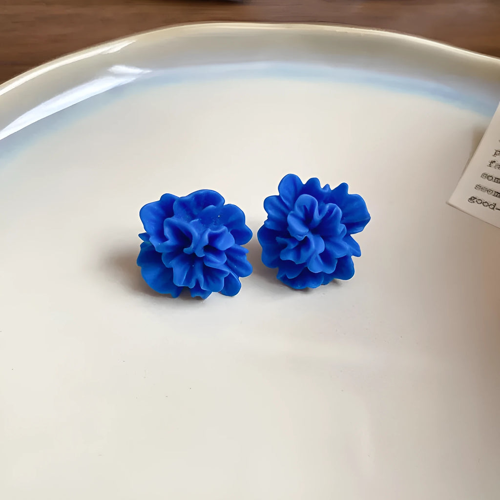 Handmade geometric women's earrings with blue resin flowers on cloth material, 30 Silver Needle colour