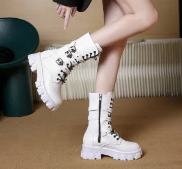 Women's black mid-calf knight boots with side zipper and metal buckle on artificial PU upper