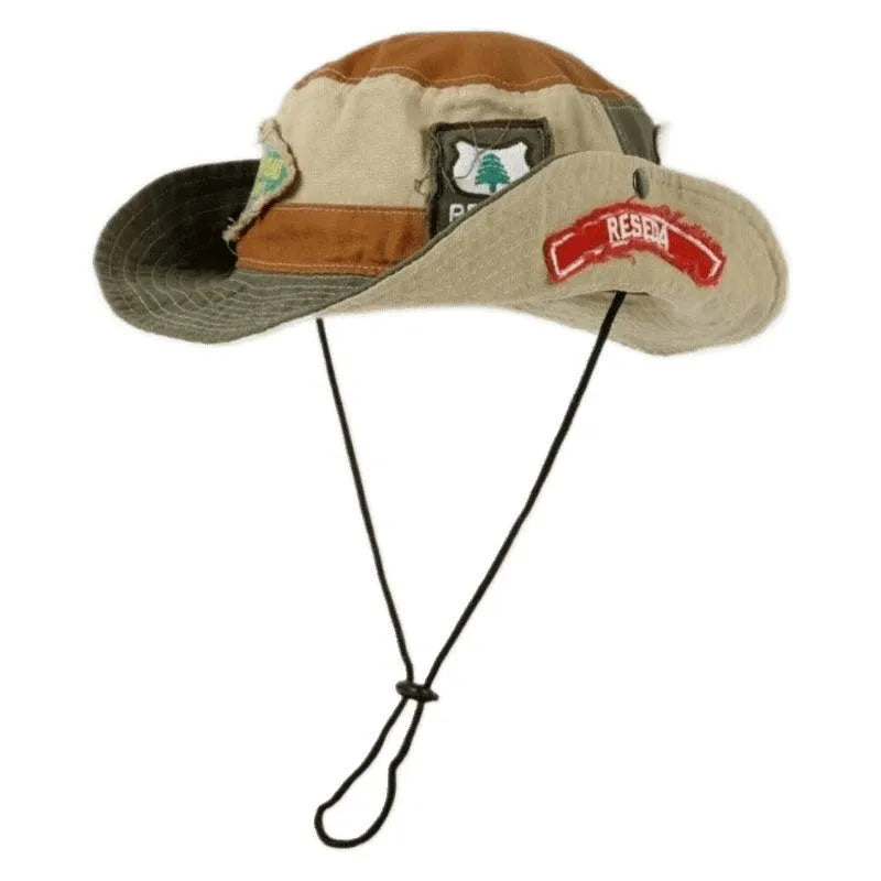 Army green foldable fisherman hat with flat top crown and patchwork cotton fabric design