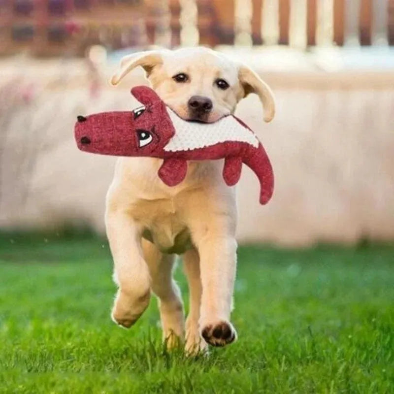 Blue, green and red squeaky plush chew toy for cats and dogs to bite and shake.