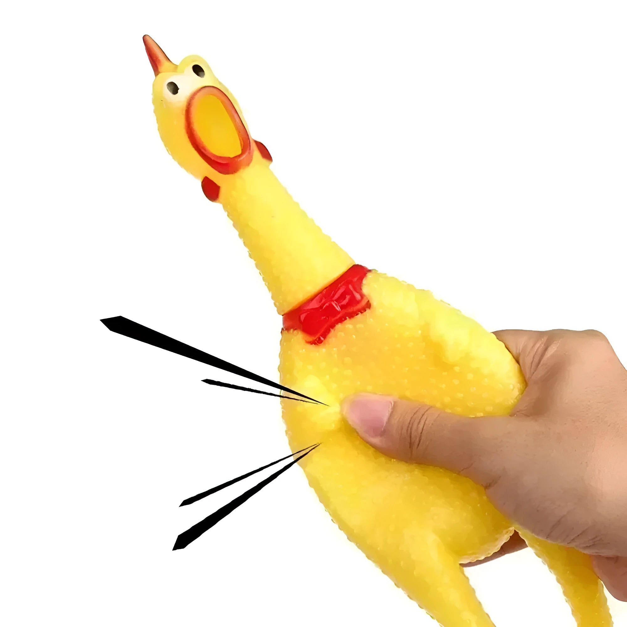 Yellow rubber screaming chicken dog chew toy showing three size options: small, medium, and large