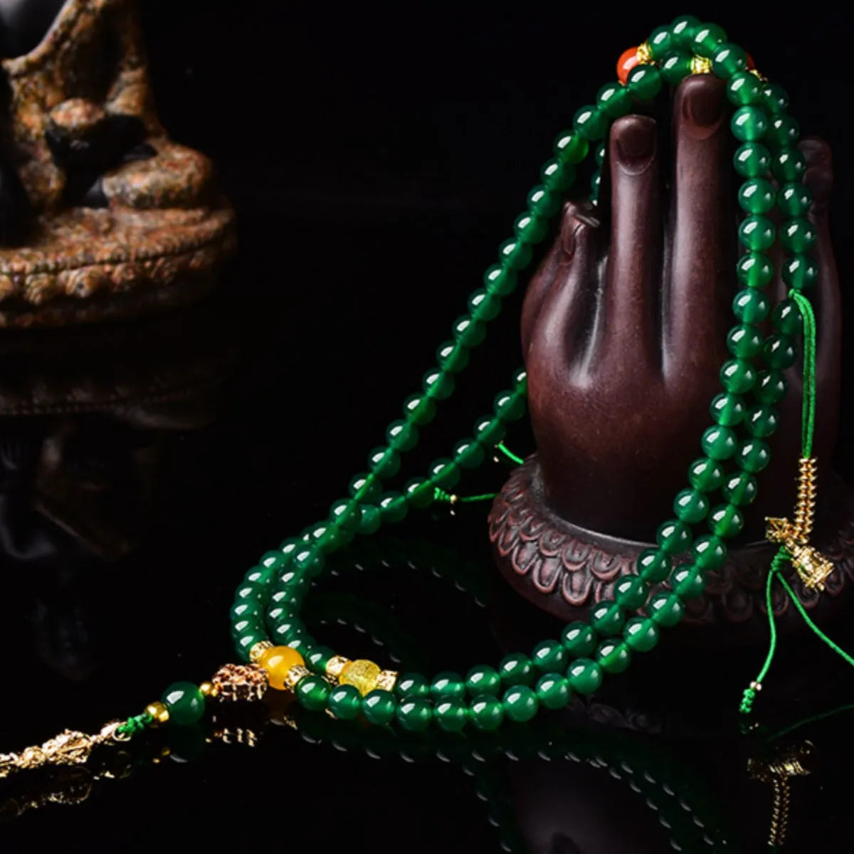 Handmade green agate multi-strand bracelet for men and women on a white background.