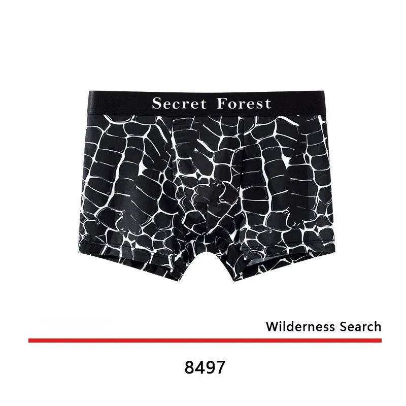 Men's thin polyester boxer shorts in black, grey, and brown with loose fit and mid-rise waist