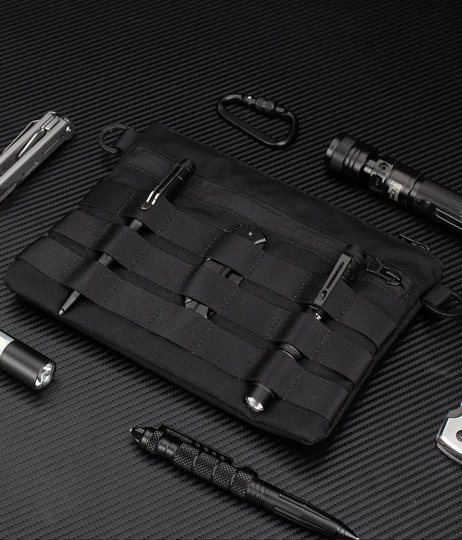 Black Oxford cloth outdoor waist bag showing compact 18 by 3.5 cm size.