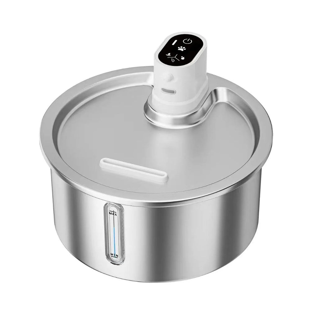 Stainless steel pet water fountain with heating base, in black or white.