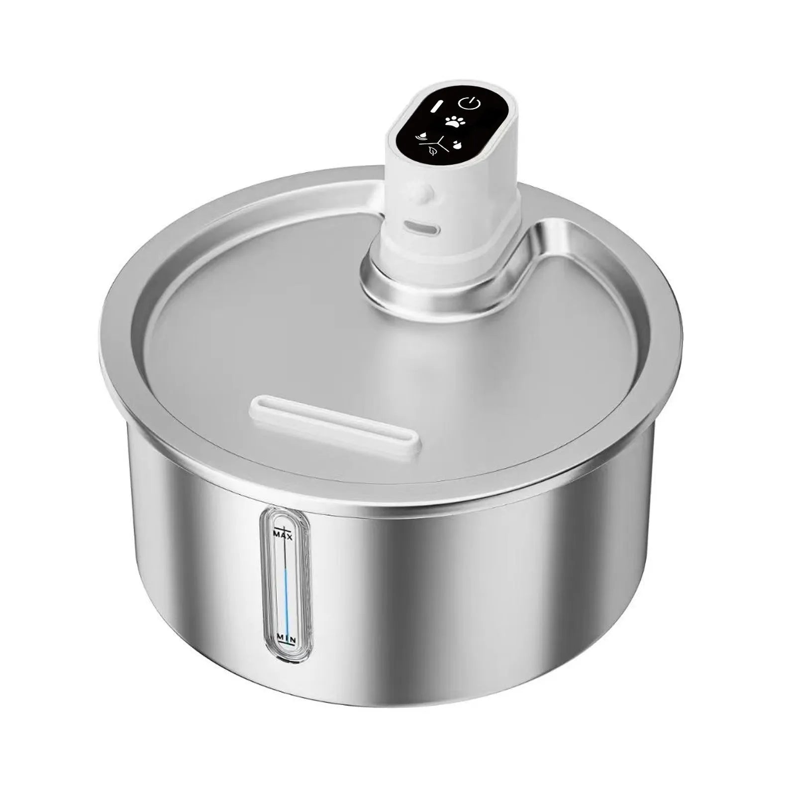 Stainless steel pet water fountain with heating base, in black or white.