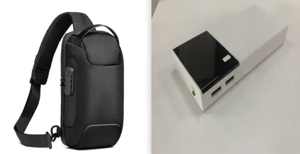 Black rectangular 20000mAh portable power bank with included USB charging cable