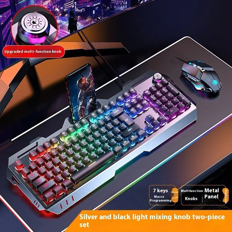 Aluminium mechanical-feel keyboard with control knob in silver black or metal grey colour with RGB lighting