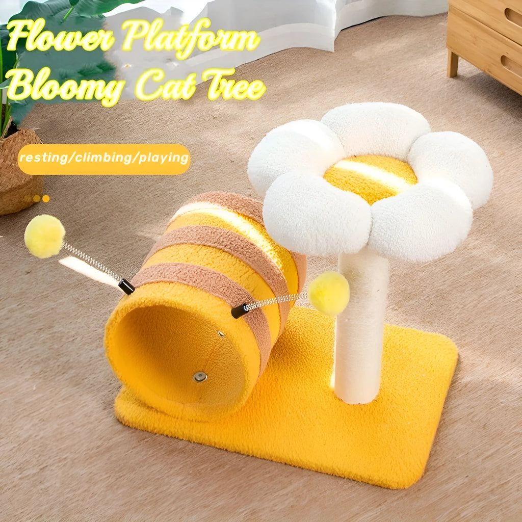 Yellow bee design cat climbing frame with sisal scratching board and tunnel measuring 46cm wide