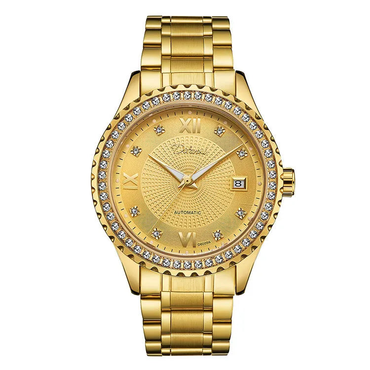 Men's waterproof automatic mechanical watch with gold case and black dial showing luminous elements