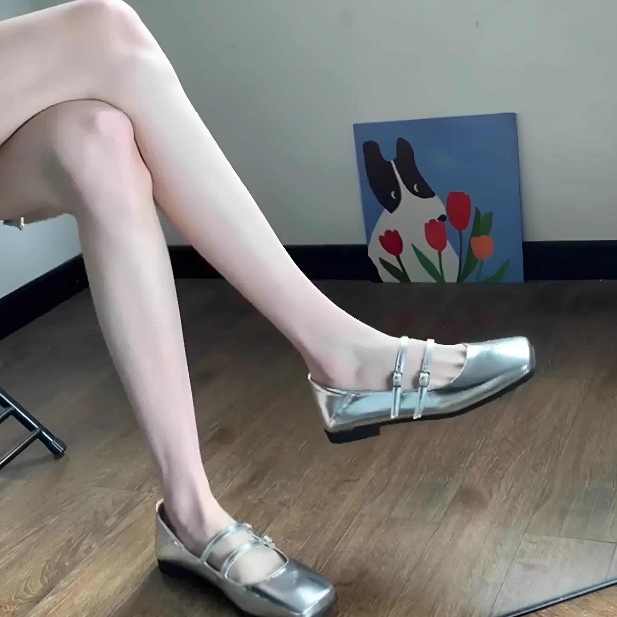 Women's silver leather Mary Jane shoes with cross buckle strap and flat heel
