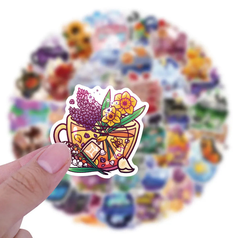 Colourful tea cup graffiti design waterproof stickers in a pack of 50 for scooter and luggage customisation.