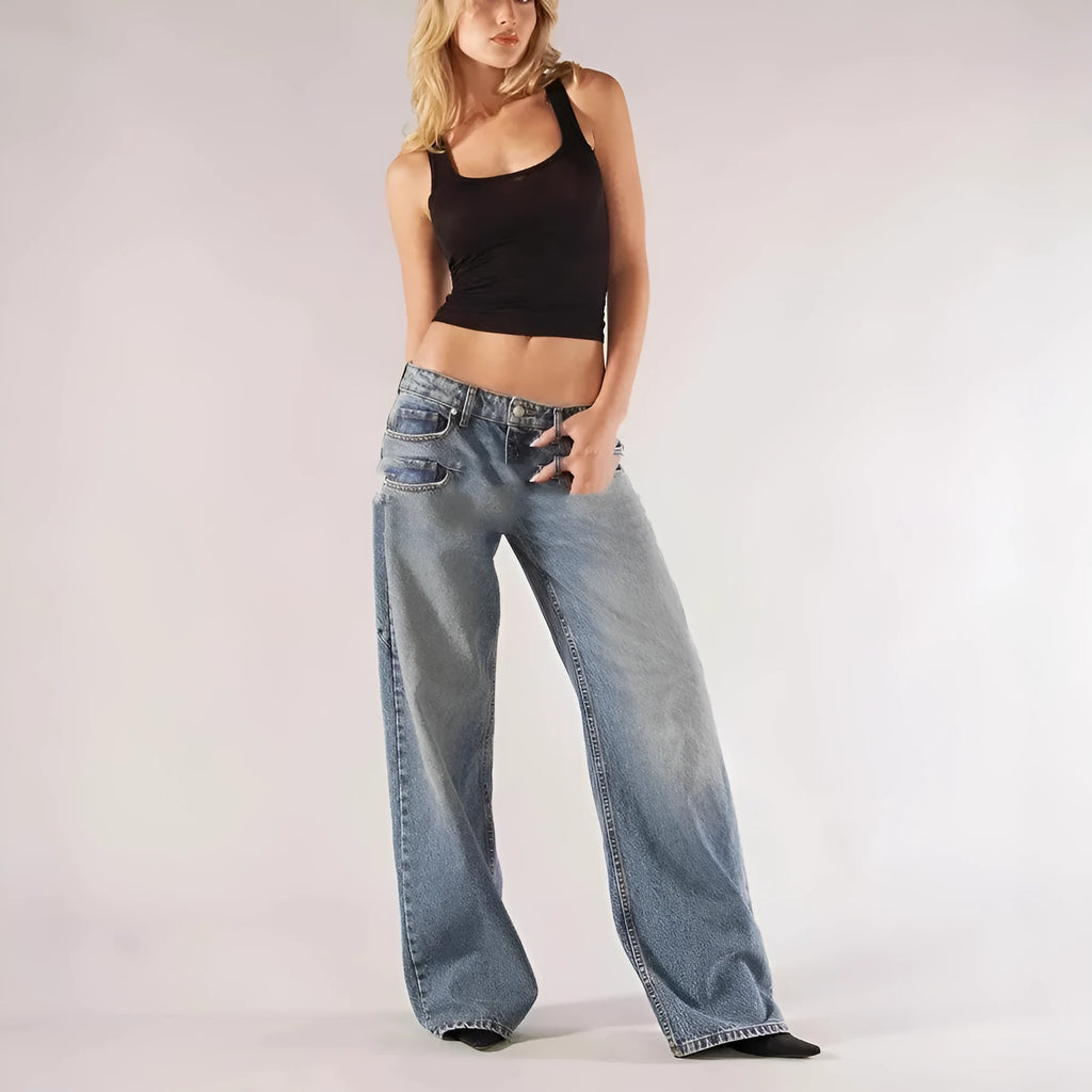 Women's blue loose straight wide leg cotton trousers with low waist and stitching detail