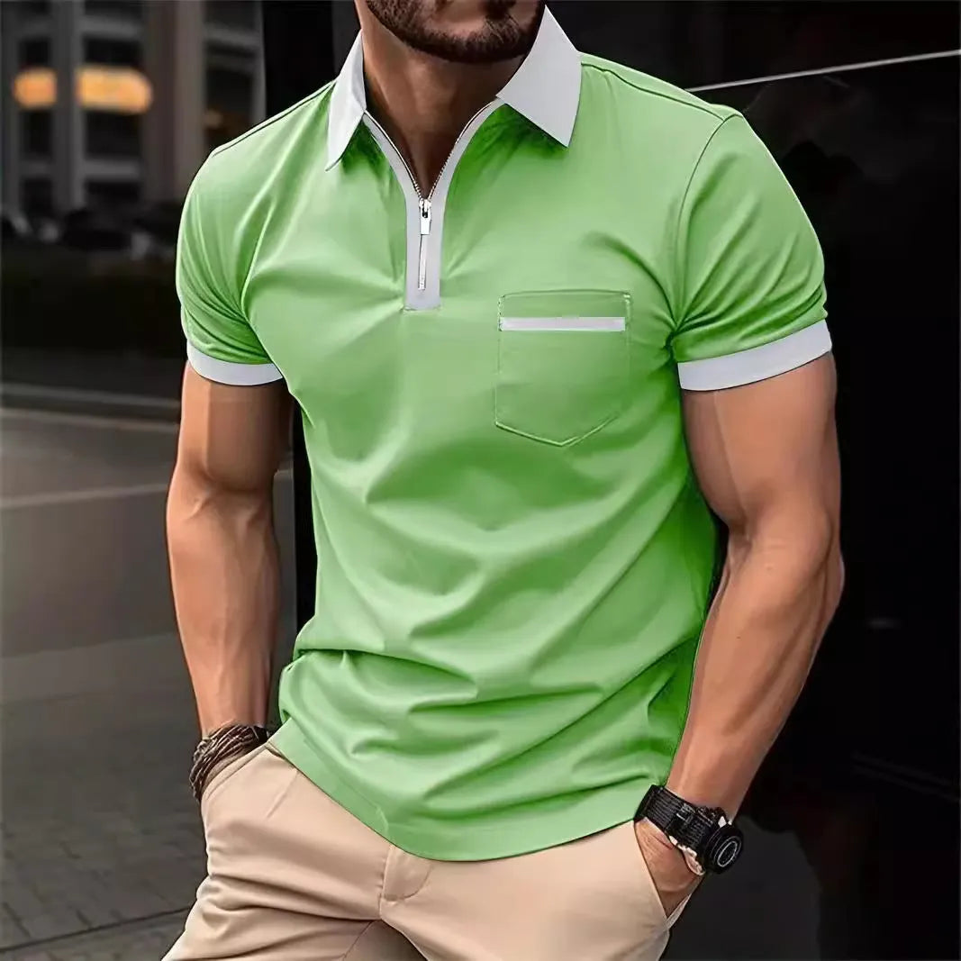 Men's loose-fit casual short-sleeve shirt with a chest pocket and zipper detail on the front.