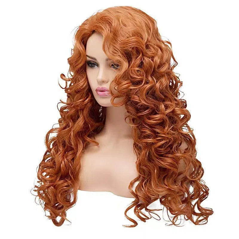 Brown long wavy curly synthetic wig with instant noodles fluffy texture for cosplay