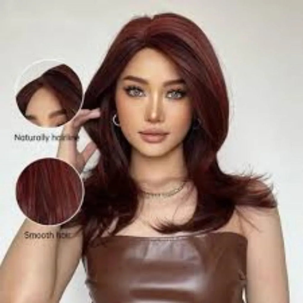 Mid-length curly synthetic wig in a gradient colour with long bangs and full-head coverage