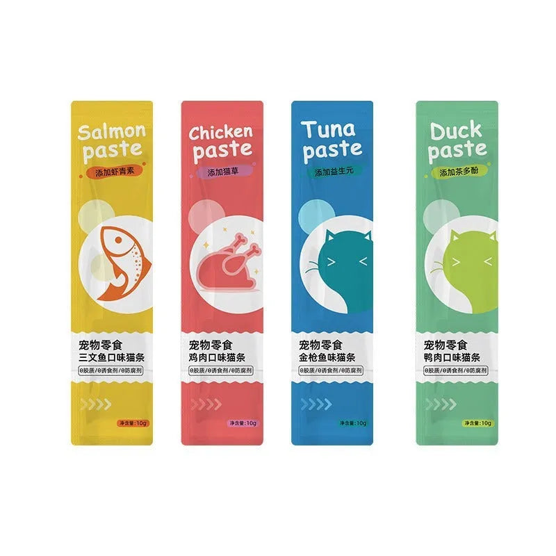 Cat strip snack pack for kittens with four flavour varieties in 10-strip packaging