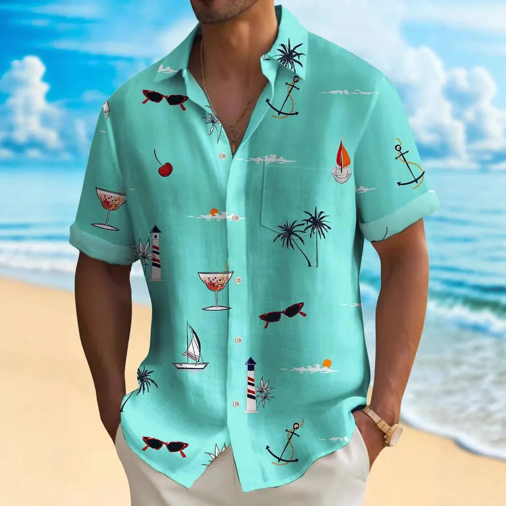 Man wearing a loose-fit digital print Hawaiian shirt with short sleeves, showcasing one of the multi-coloured pattern options.