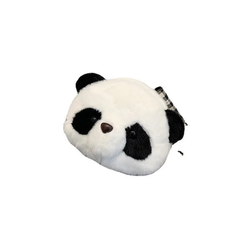 Plush cylindrical crossbody bag with panda design, showing sandwich pocket and shoulder strap