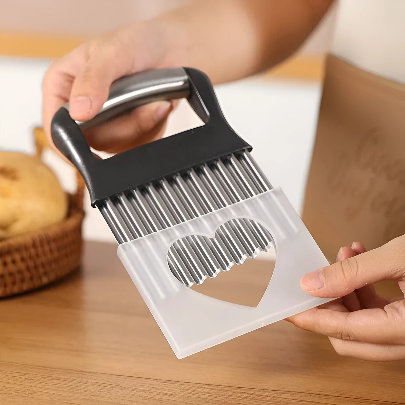Stainless steel potato wave knife for making crinkle cut chips and waffle fries