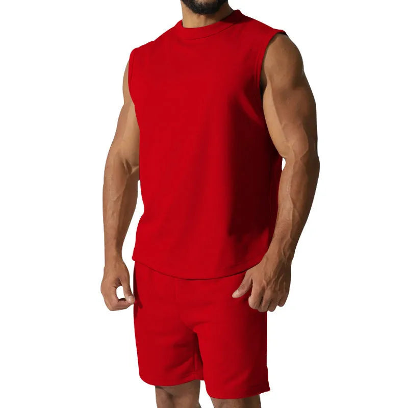 Men's sleeveless sports suit two-piece set in cotton blend fabric showing top and matching shorts
