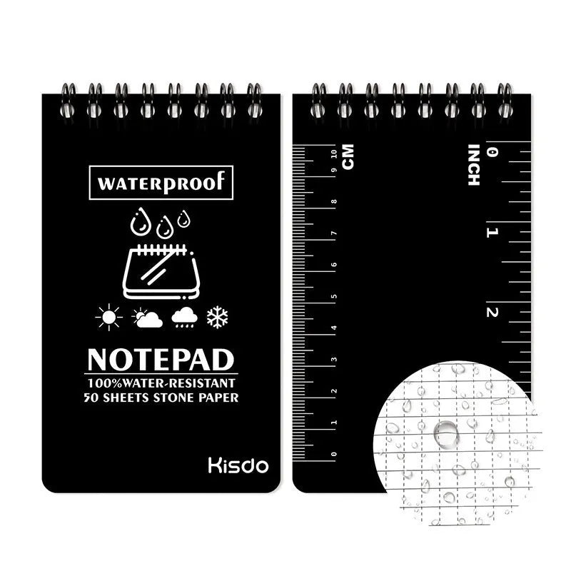 Spiral-bound waterproof notepad with polypropylene cover, open to show stone paper pages, in camouflage colour option.