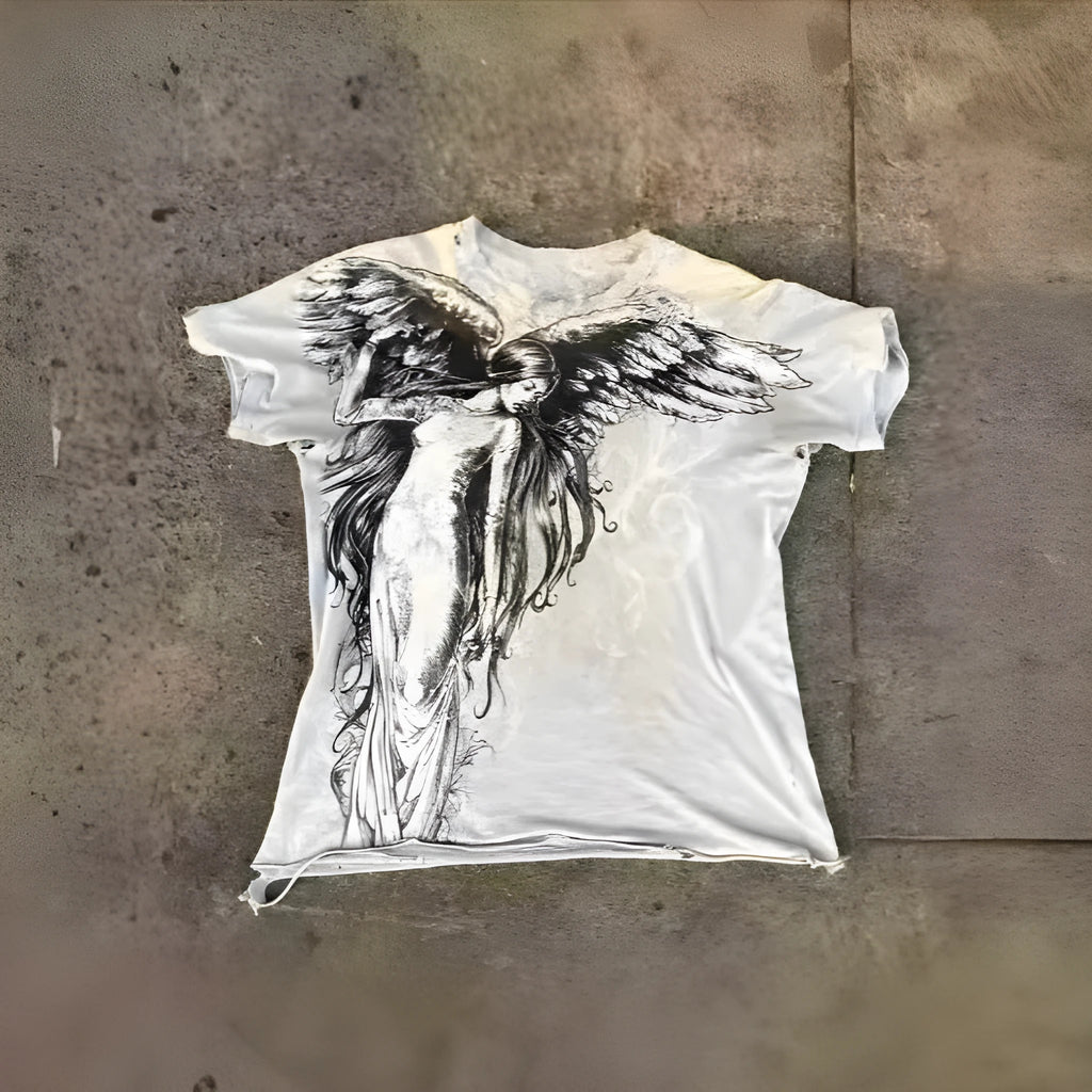 Men's gothic cartoon pattern short sleeve t-shirt in colour HQ929 on a size chart background.