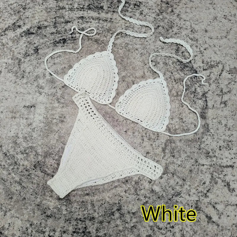 Women's handmade crochet bikini and matching beach skirt swimsuit set in acrylic fabric