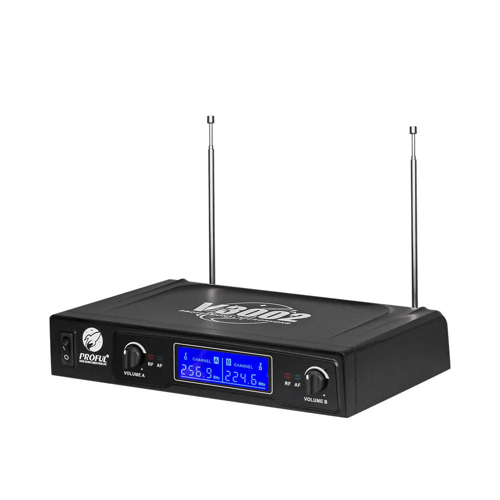 Black V-3002 dual wireless handheld microphone system with transmitter and cables