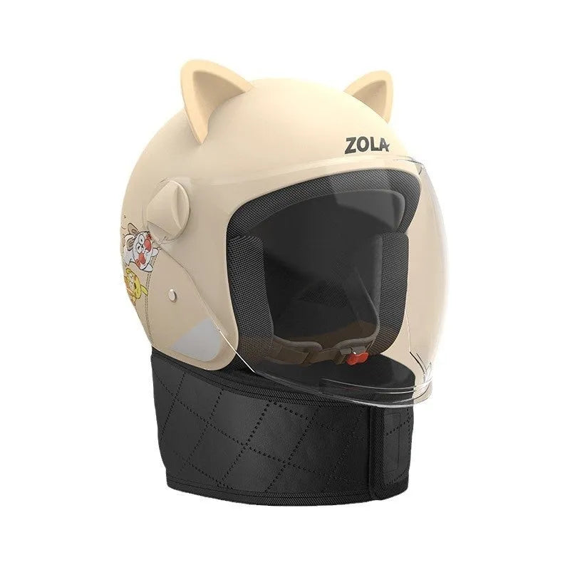 Blue winter electric bicycle helmet with anti-fog visor and attached neck scarf.