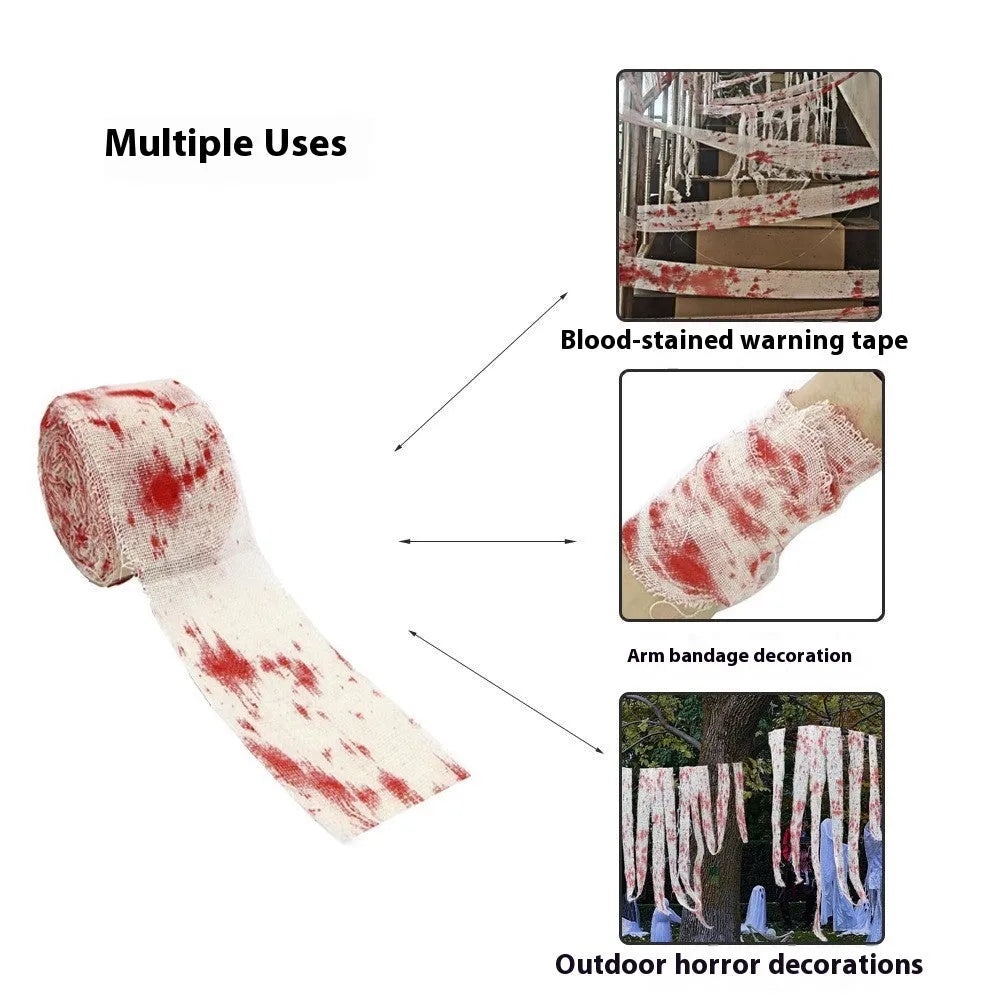 Halloween bloody red and white polyester gauze bandage rolls showing 8cm width, for decorations and costumes.