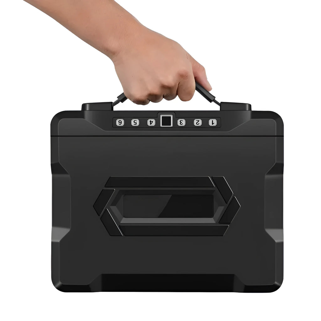 Portable small steel safe box with a mechanical combination lock on the front.