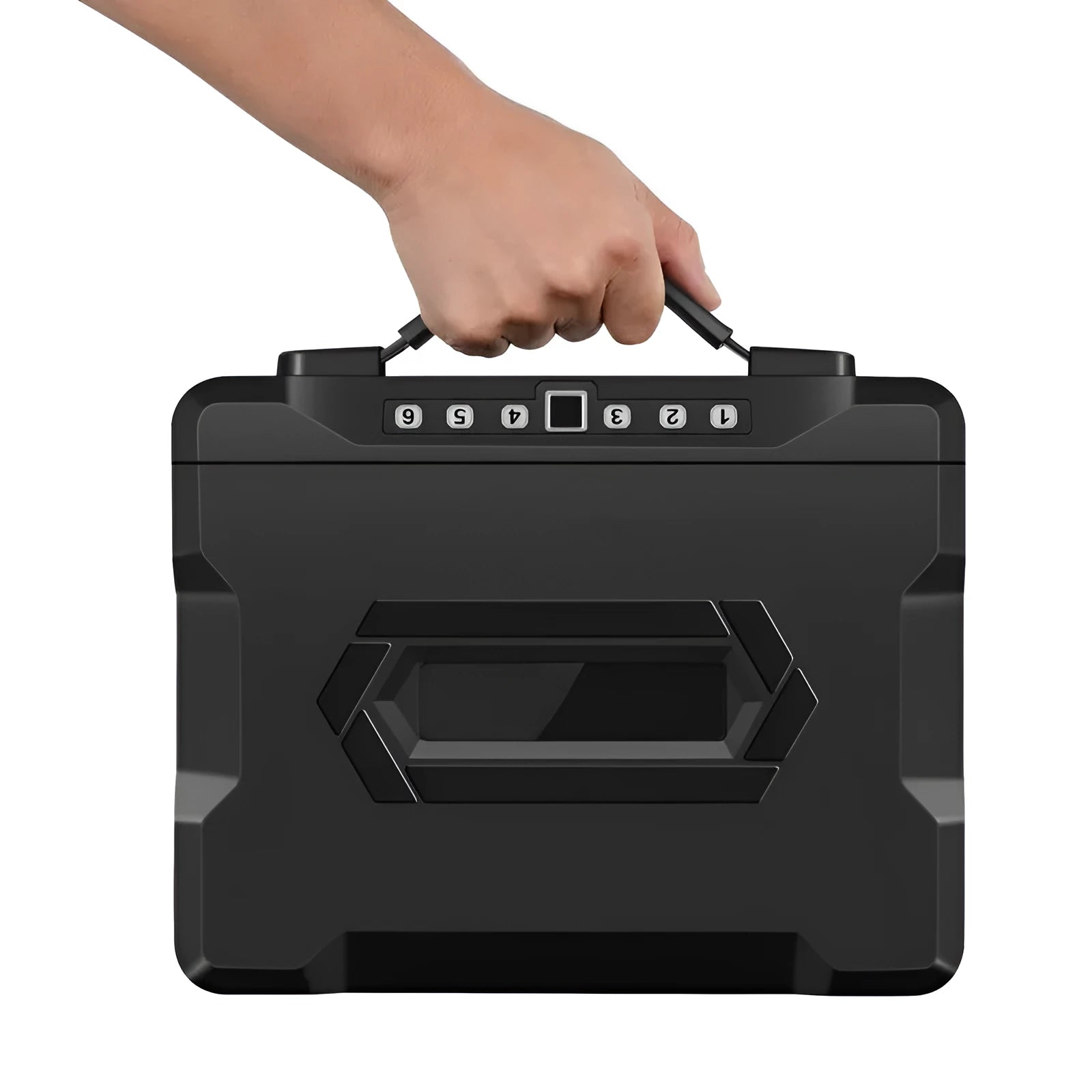Portable small steel safe box with a mechanical combination lock on the front.