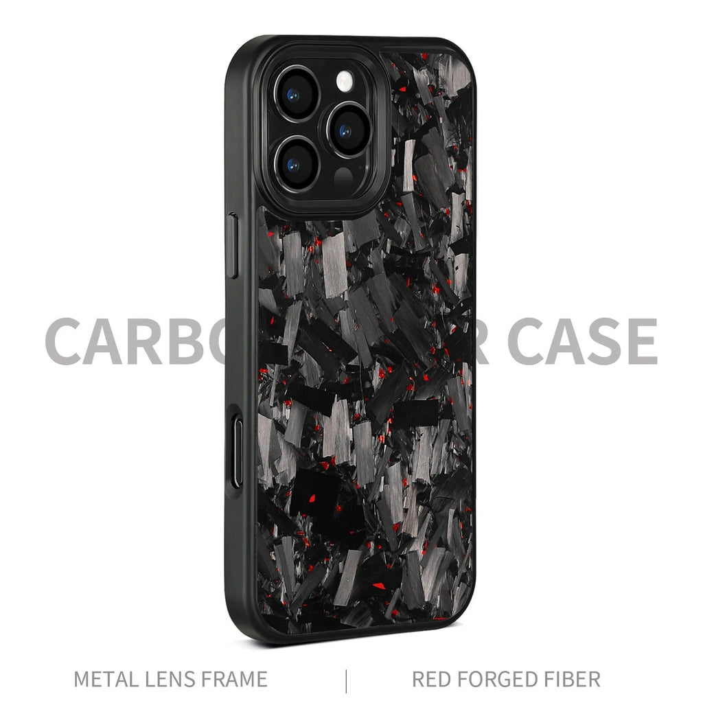 Magnetic carbon fibre iPhone 17 protective case with forged metal frame pattern in various colour options