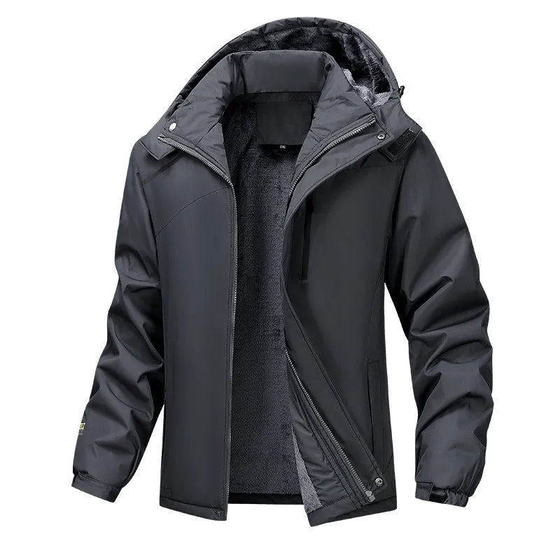 Men's plus size loose fit hooded coat in army green, showing waterproof polyester fabric and front zip.
