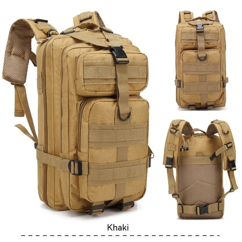 Large khaki hiking backpack with air pillow belt system for off-road mountaineering and outdoor sports