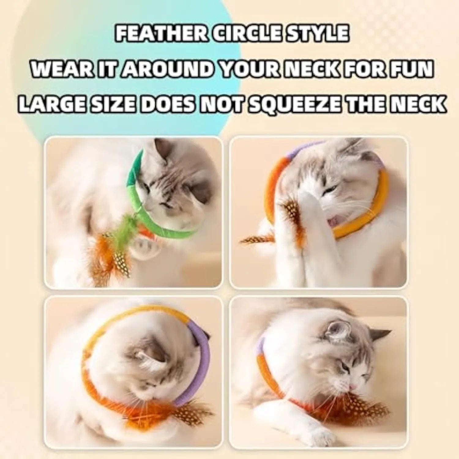 Green circular cotton rope cat toy with white feathers attached for interactive feline play