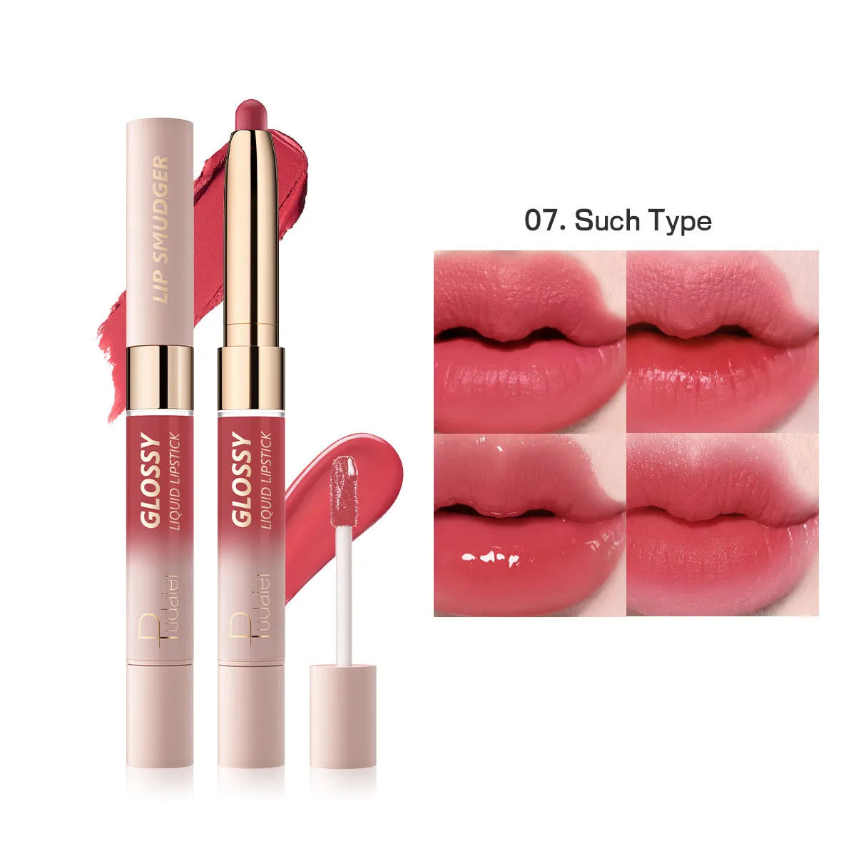 Double-headed lipstick lip gloss in matte finish showing ten different colour options from 01 to 10.
