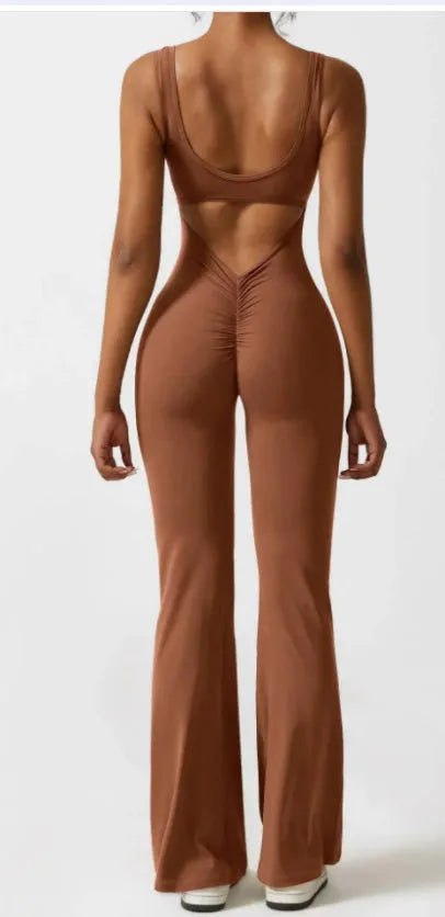 Women's tight yoga bodysuit jumpsuit in milk silk fabric with hollow seams and trousers length